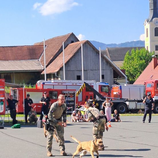 Eine Gruppe von Menschen in Tarnuniformen und ein Hund laufen auf einem offenen Gelände, mit Feuerwehrwagen und Gebäuden im Hintergrund.