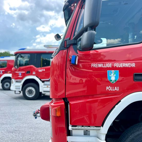 Ein roter Feuerwehrwagen mit der Aufschrift 'Freiwillige Feuerwehr Pollau', geparkt in einer Reihe mit anderen Feuerwehrwagen.