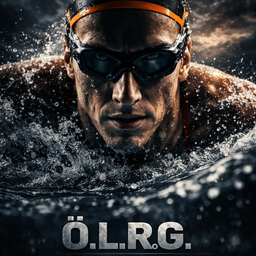 Ein Mann schwimmt mit Schwimmbrille und Schwimmmütze im Wasser, mit dem Markennamen O.L.R.G. prominent angezeigt.