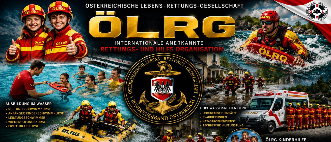 Ein Werbeplakat für die OeLRG, eine international anerkannte Rettungs- und Hilfsorganisation, mit verschiedenen Rettungsszenarien, einem Logo und angebotenen Dienstleistungen.