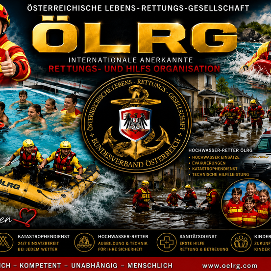 Ein Werbeplakat für die Österreichische Lebensrettungsgesellschaft, das Rettungsteams in verschiedenen Szenarien zeigt, einschließlich Wasserrettungen und Hochwassereinsätzen. Das Bild hebt die internationale Anerkennung und Dienstleistungen der Organisation hervor.