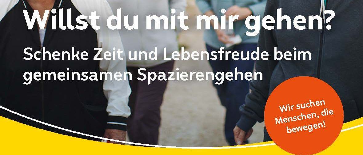 Eine Gruppe älterer Frauen läuft lächelnd zusammen. Der Text lautet 'Willst du mit mir gehen?' Sie fördern das Gehen als Möglichkeit, sich zu verbinden, zu bereichern und das Leben zu genießen. Als 'Gehbegleiter' unterstützt man Menschen in der eigenen Gemeinde mit regelmäßigen Bewegungsbedürfnissen.