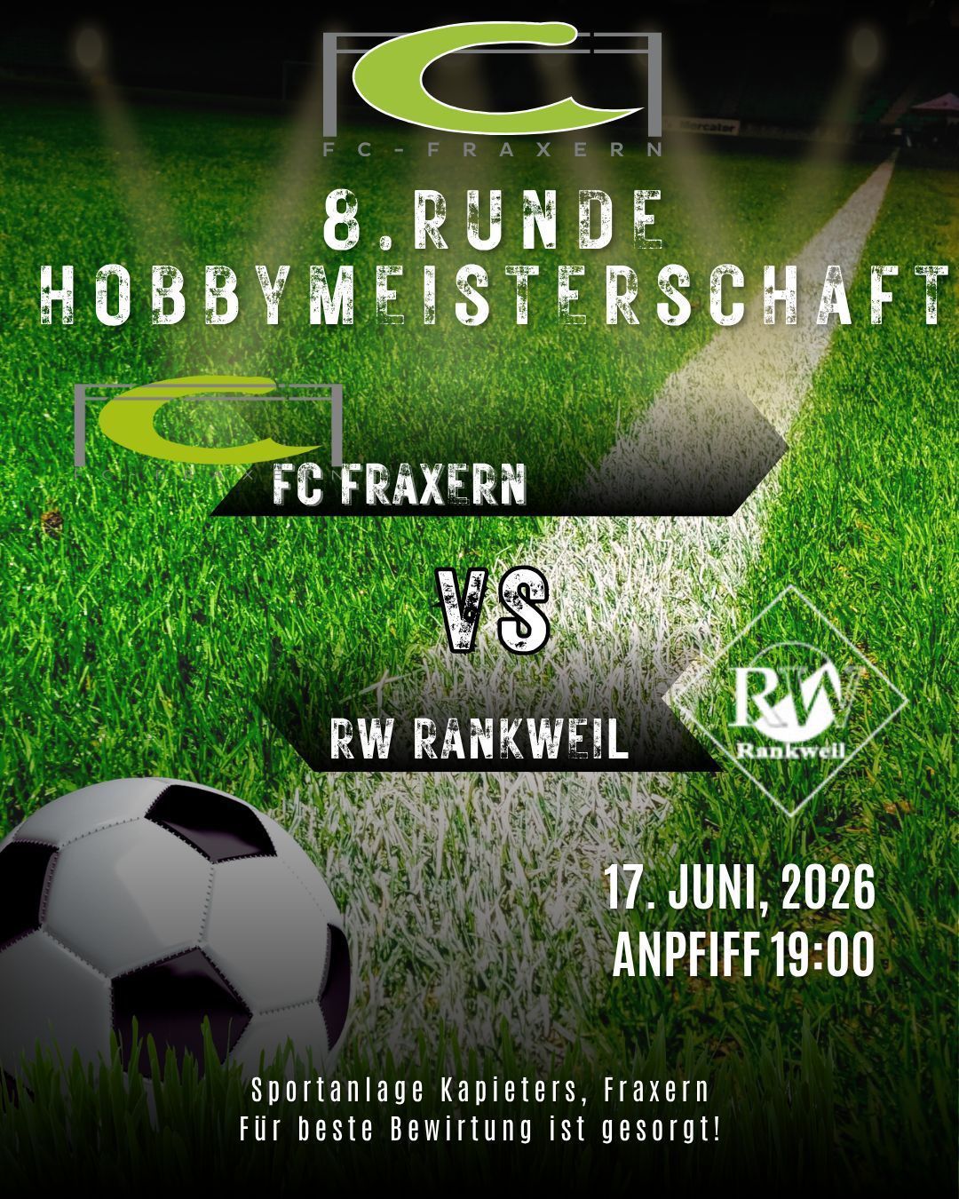 Plakat für ein Fußballspiel. Teams sind FC Fraxern und RW Rankweil. Datum ist 17. Juni 2026. Anpfiff um 19:00.