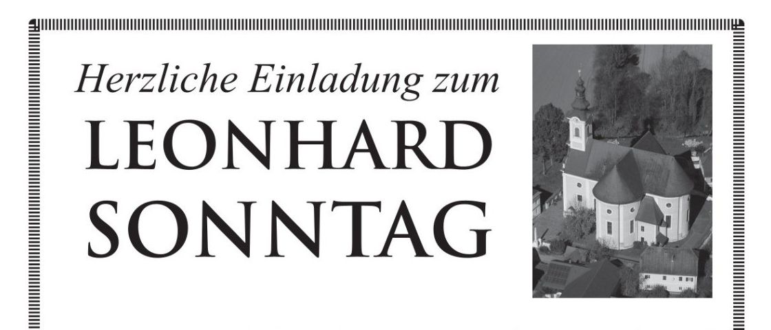 Poster für den Leonhard Sonntag am 21. Juni 2026 in Gabersdorf. Enthält ein Bild der Kirche, Zeit und Standortdetails. Beinhaltet einen Festgottesdienst um 10:00 Uhr und ein Pfarrfest im Sportkulturhaus.
