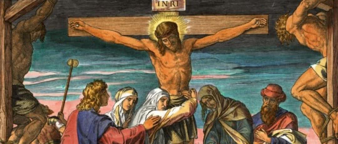 Ein Ölgemälde, das Jesus am Kreuz zeigt, mit ausgestreckten Armen. Unten sind mehrere Personen zu sehen, einige mit gesenktem Kopf in Gebet oder Trauer.