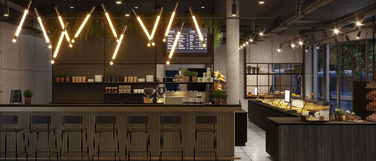 Ein Innenraumdesign eines modernen Cafés mit einer langen Theke, schwarzen Stühlen und verschiedenen ausgestellten Artikeln. Ein digitales Menübrett ist an der Wand montiert, und Pflanzen und Lampen schmücken den Raum.