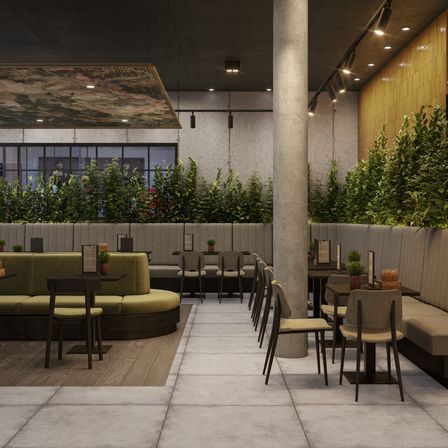 Bild enthält, Indoors, Architecture, Building, Furniture, Lounge, Foyer, Chair, Plant, Person