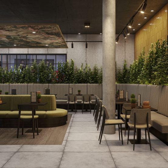 Bild enthält, Indoors, Architecture, Building, Furniture, Lounge, Foyer, Chair, Plant, Person