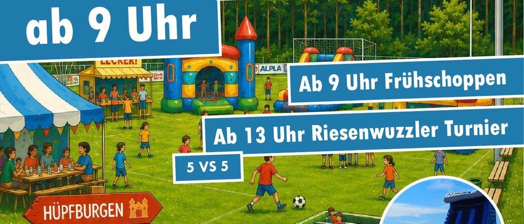 Plakat für eine Familienveranstaltung am Sonntag, 5. Juli 2026. Aktivitäten umfassen Essensstände, Spiele und ein riesiges aufblasbares Flugzeug. Der Eintritt beträgt 5 Euro pro Person.