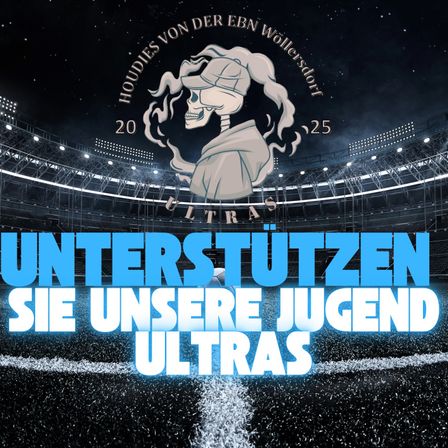 Ein Plakat für eine Sportveranstaltung zeigt einen Schädel mit Hut und Rauch vor einem Stadion mit den Jahren 20 und 25 und dem Text 'Unterstützen Sie unsere Jugend Ultras'.