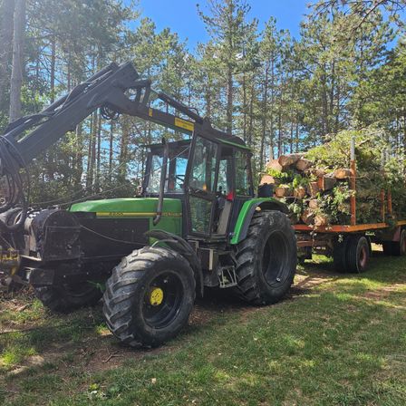 Ein grüner Traktor mit Holzlader steht in einer Waldlichtung, dahinter ein mit gefällten Bäumen beladener Anhänger.