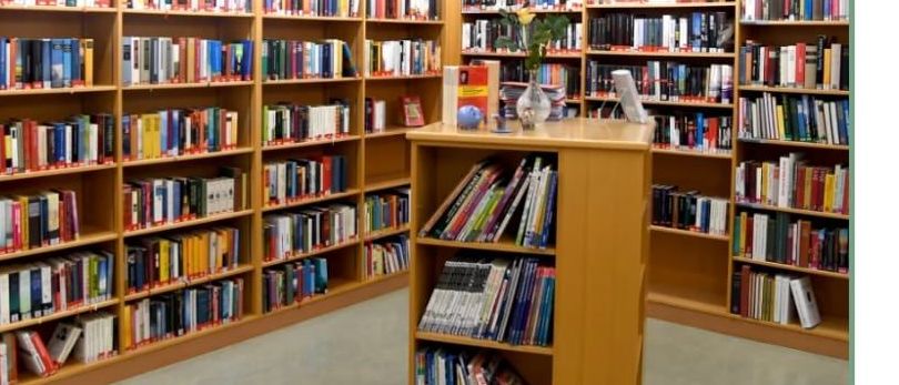Ein Bücherei-Innenraum mit Holzregalen, gefüllt mit Büchern, und einem kleinen Holztisch mit einer Vase und Büchern darauf. Der Hintergrund ist eine weiße Wand.