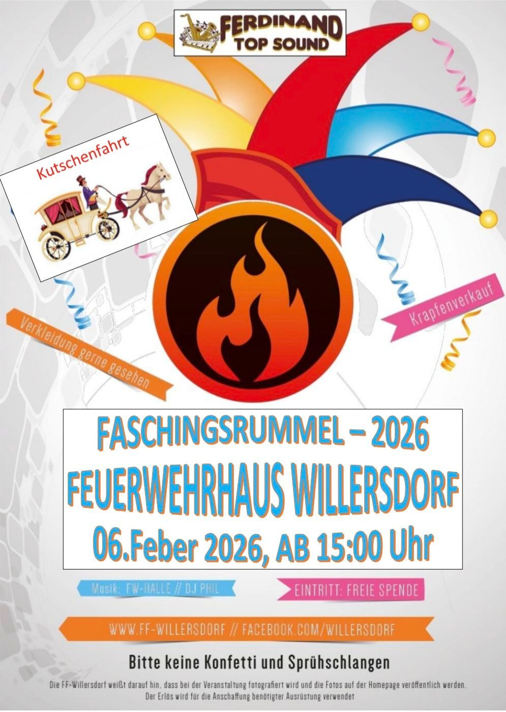 Plakat für eine Karnevalsveranstaltung 2026 im Feuerwehrhaus Willersdorf. Es zeigt einen Narrenhut, Flammen und eine Kutsche. Der Eintritt ist frei.