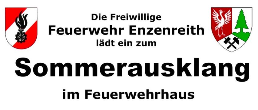 Ein Plakat für die Sommerausklang-Veranstaltung im Feuerwehrhaus am 5. und 6. September 2026. Es enthält einen Zeitplan mit Zeiten, Aktivitäten und einem Foto einer Gruppe von Männern.