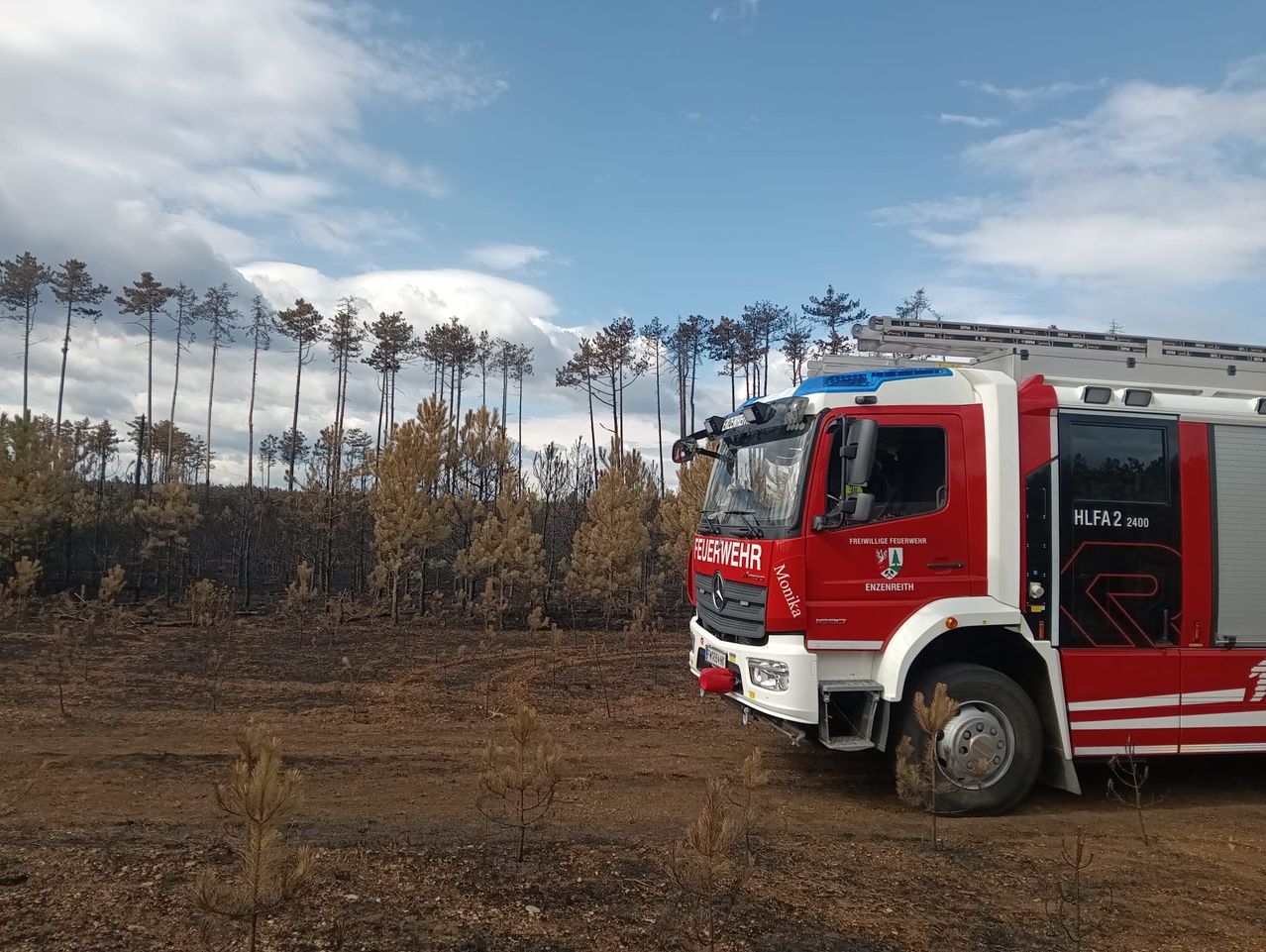 Feuerwehr-Löschfahrzeug in Enzenreith vor ausgebranntem Wald