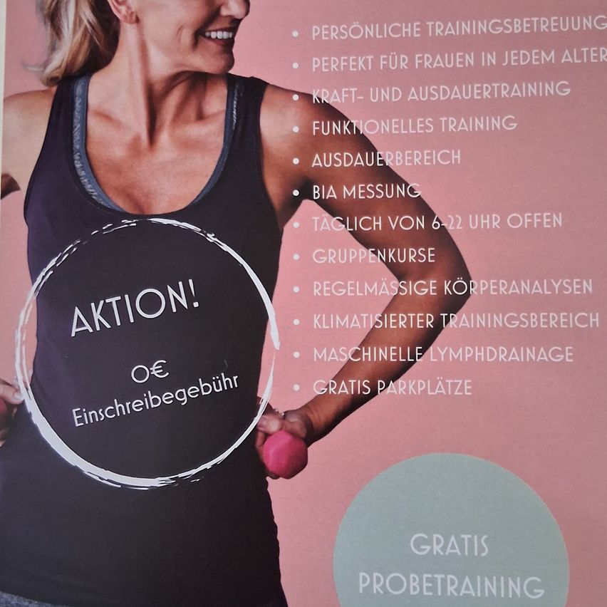 Eine Frau in einem schwarzen Tanktop hält eine pinke Hantel. Der Text lautet 'Aktion! Jetzt beitreten'. Weitere Texte betonen Dienstleistungen wie persönliches Training, funktionelles Training und Massagen.