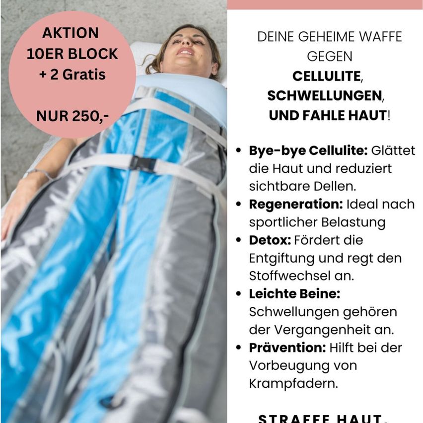 Eine Frau liegt in einem blau-grauen Kompressionsanzug, möglicherweise in einer medizinischen Umgebung, mit Textüberlagerungen über die Vorteile des Anzugs.