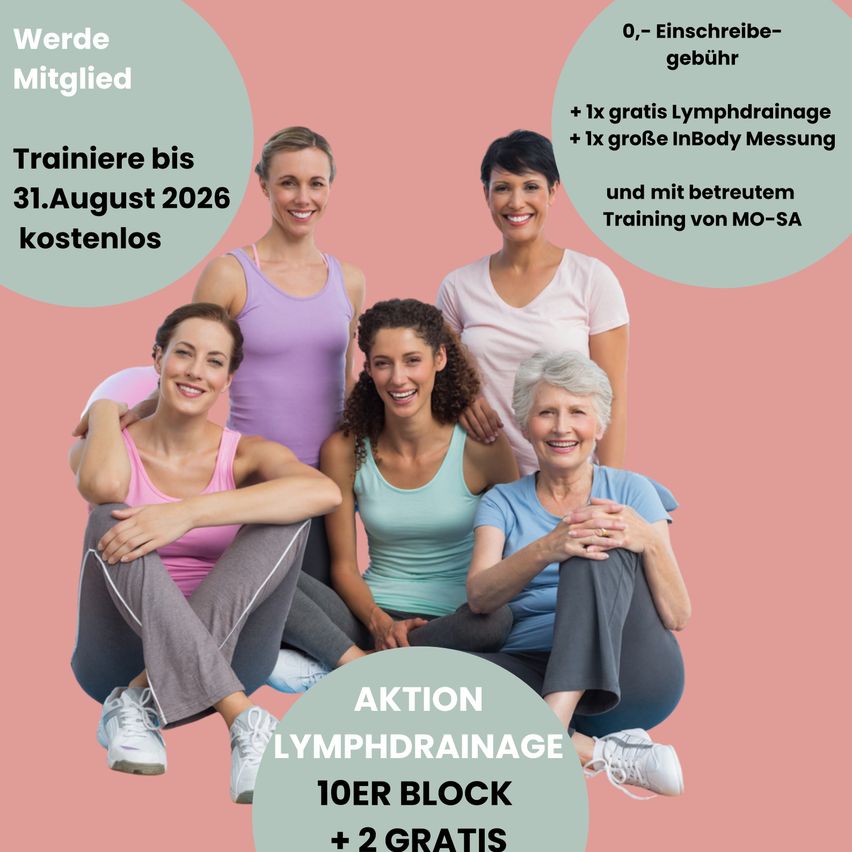 Ein Werbebild für eine Fitnessveranstaltung mit einer Gruppe lächelnder Frauen in Trainingskleidung. Das Bild hebt ein Mitgliedschaftsangebot mit kostenlosem Training bis zum 31. August 2026 hervor und beinhaltet eine kostenlose Lymphdrainage und Körpervermessung.