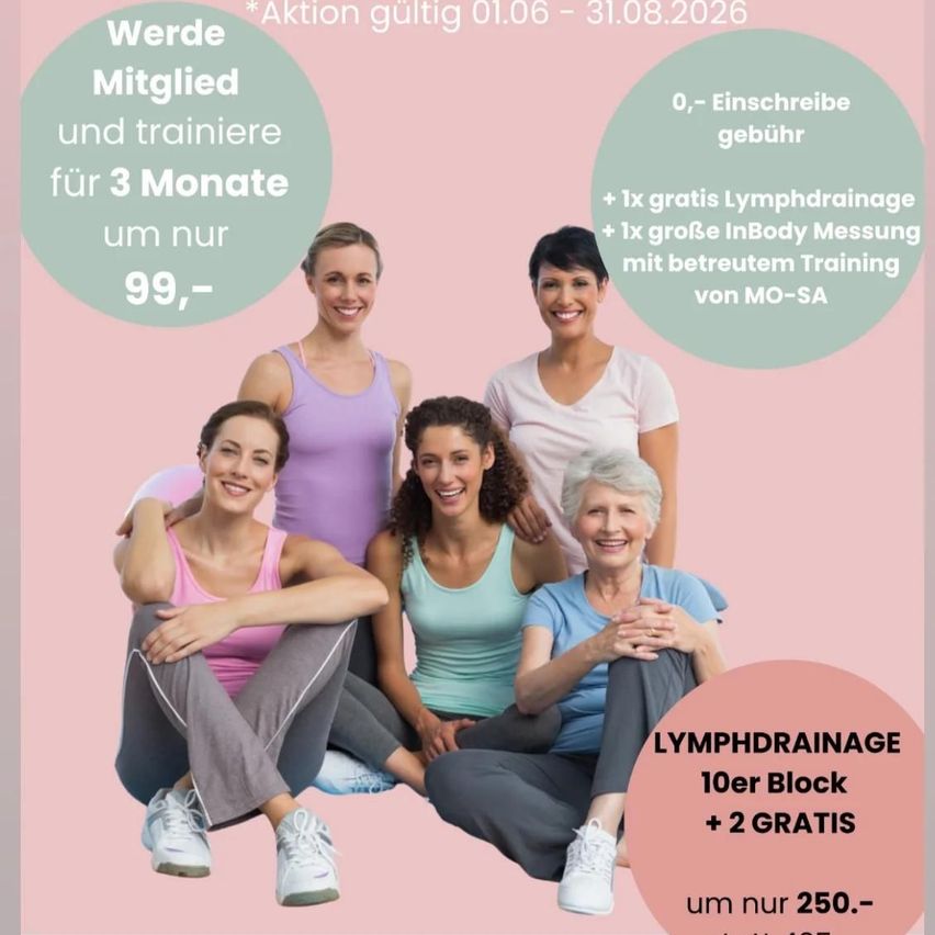 Ein Poster für eine Fitness-Aktion mit Frauen in Trainingskleidung. Es bietet eine 3-monatige Mitgliedschaft für 99, mit einer kostenlosen Lymphdrainage-Sitzung und einer Körpermessung. Das Angebot gilt bis 31.08.2026.