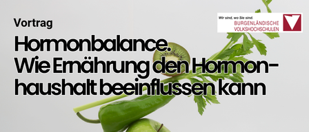Plakat für einen Vortrag über Hormonbalance, mit Gemüse abgebildet. Datum: 27.01.2026, 18:00 Uhr im Hotel Der Freiraum. Kontakt: 0 33 22/43 129; guessing@vhs-burgenland.at.