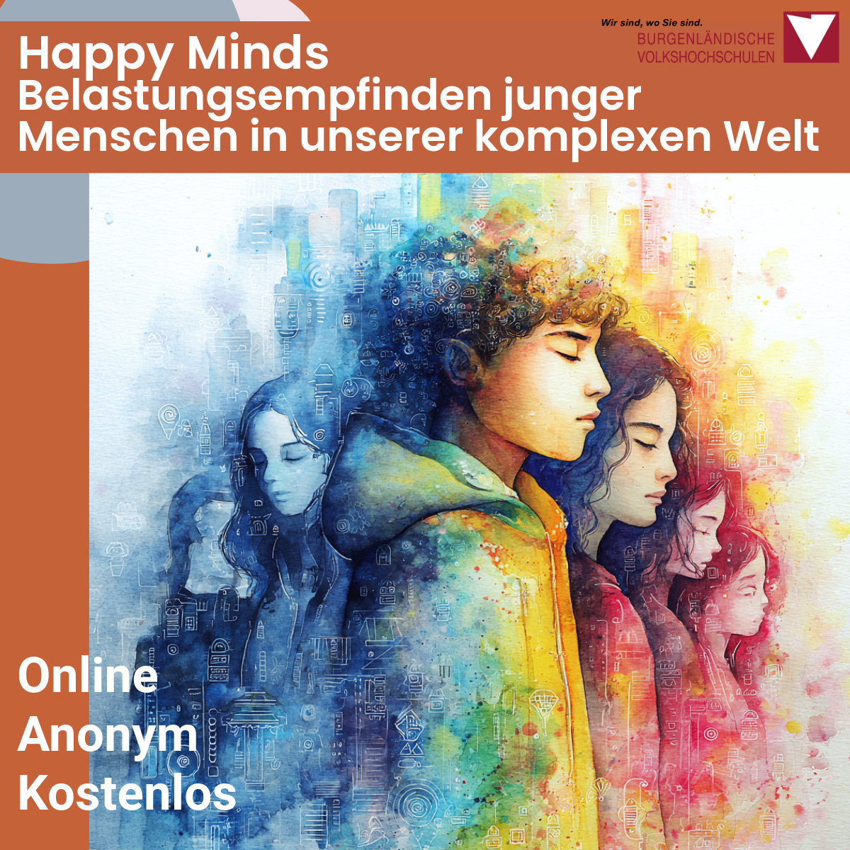 Ein Poster mit einer Aquarelldarstellung von vier jungen Menschen. Der Hintergrund ist eine Stadtlandschaft. Der Text lautet 'Happy Minds Belastungsempfinden junger Menschen in unserer komplexen Welt Online Anonym Kostenlos'.
