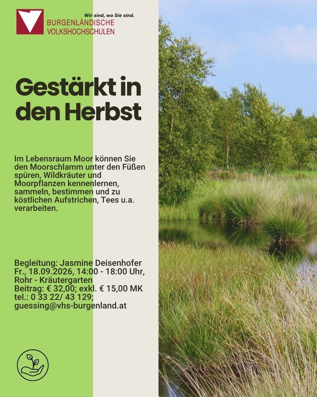 Ein Plakat für eine geführte Tour in einem Sumpfgebiet, das eine ruhige Landschaft mit Wasser, Bäumen und Gras zeigt. Das Plakat enthält Details zur Tour, einschließlich Datum, Uhrzeit und Kontaktinformationen.