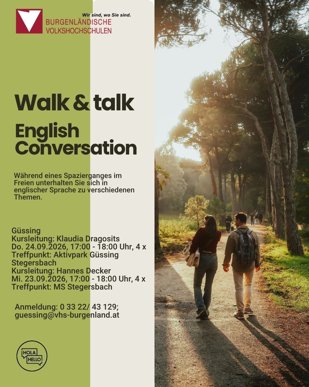 Ein Plakat für englische Konversationsspaziergänge im Wald mit zwei Personen, die gehen und sprechen. Der Text ist auf Deutsch.