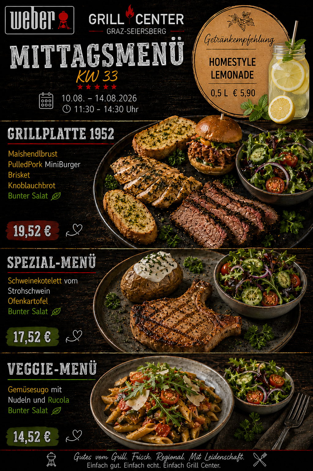 Ein Restaurantmenü mit einer gegrillten Platte mit verschiedenen Fleischsorten, einem Steak und einem Gemüsesalat, zusammen mit Preisen und einem Datumsbereich.