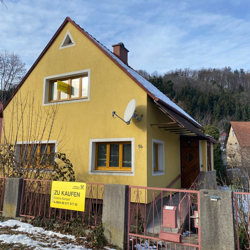 A yellow house with a sign reading 'Zu kaufen' is on the market. It has a satellite dish, a red gate, and a mailbox. There is snow on the ground.