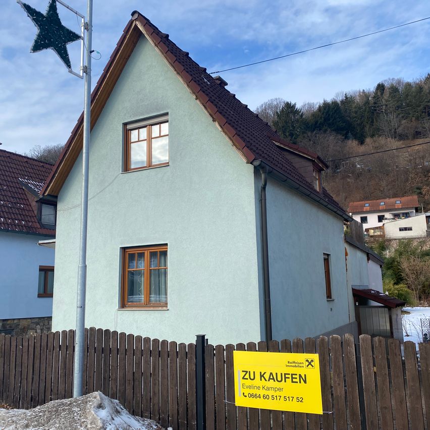 A house for sale with a star on the flagpole and a yellow sign in front of it.