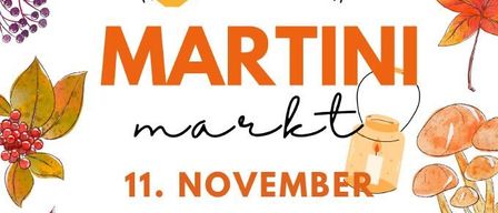 A poster advertises the Martini Market in Friesach on November 11, from 6:00 to 18:00, with autumn leaves, a castle emblem, and a lantern.