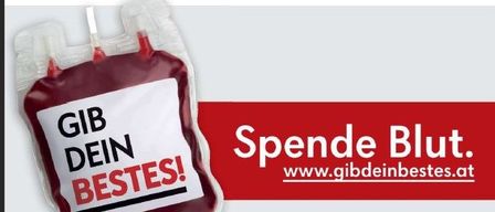 Plakat für eine Blutspende-Veranstaltung mit einem Blutbeutel und rotem Hintergrund. Es steht 'Spende Blut' und beinhaltet eine Website. Die Veranstaltung ist am Montag, 15. Dezember 2025, von 15:30 bis 20:00 Uhr an der Volksschule St. Salvator.