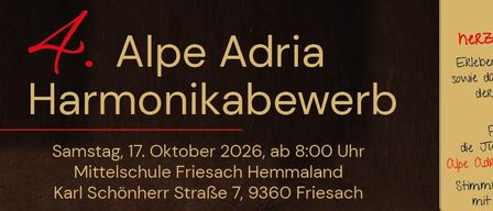 Plakat für die Alpe Adria Harmonikabewerb-Veranstaltung. Zeigt eine Mundharmonika, einen QR-Code und Informationen zum Veranstaltungsdatum, -ort und -organisator.