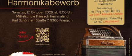 Werbeanzeige für Alpe Adria Akkordeon-Workshop am 17. Oktober 2026. QR-Code und Website für Infos. Veranstaltung an der Mittelschule Friesach, Hemmaland.
