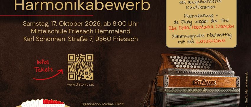 Werbeanzeige für Alpe Adria Akkordeon-Workshop am 17. Oktober 2026. QR-Code und Website für Infos. Veranstaltung an der Mittelschule Friesach, Hemmaland.