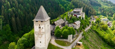 Ein Luftbild eines Schlosses mit einem hohen Turm, eingebettet zwischen grünen Bäumen und Bergen. Das Schloss hat einen kleinen Eingang und ist von Gras umgeben.