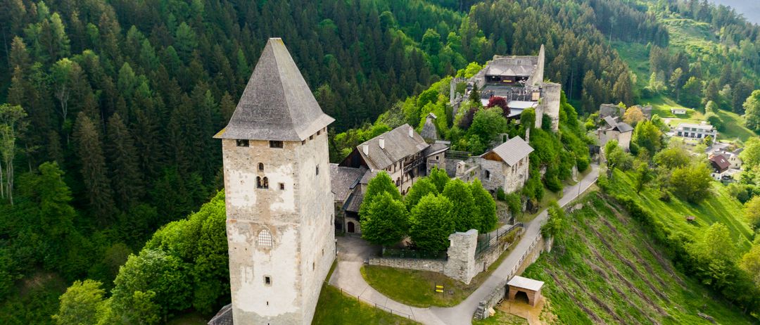 Ein Luftbild eines Schlosses mit einem hohen Turm, eingebettet zwischen grünen Bäumen und Bergen. Das Schloss hat einen kleinen Eingang und ist von Gras umgeben.