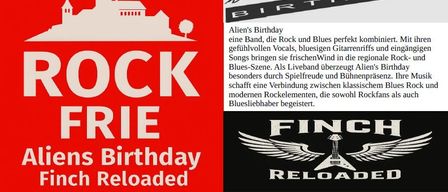 Das Plakat bewirbt eine Rock-Veranstaltung mit Alien's Birthday und Finch Reloaded. Alien's Birthday ist eine Band, die Rock und Blues mit gefühlvollen Vocals kombiniert. Finch Reloaded ist eine Metal-Cover-Band mit kraftvollen Interpretationen von Black Sabbath und Iron Maiden.