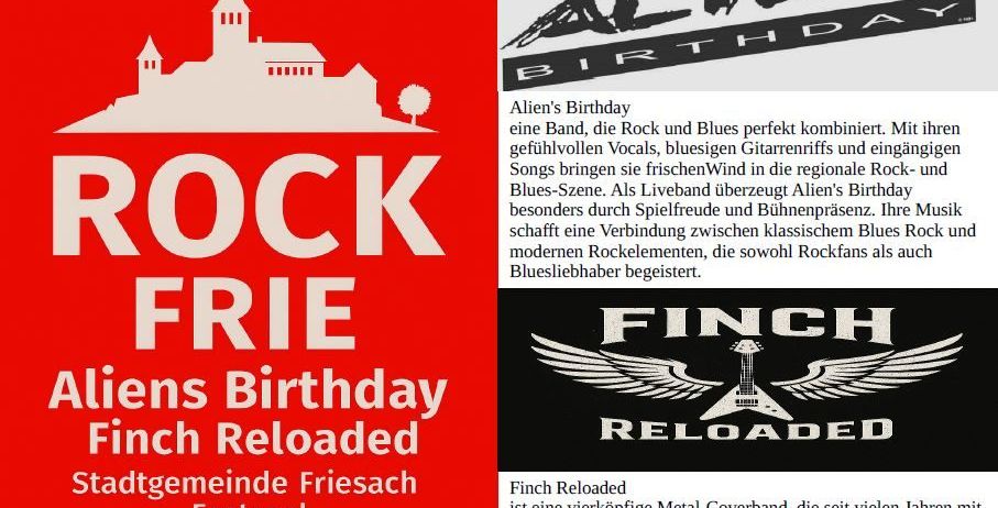 Das Plakat bewirbt eine Rock-Veranstaltung mit Alien's Birthday und Finch Reloaded. Alien's Birthday ist eine Band, die Rock und Blues mit gefühlvollen Vocals kombiniert. Finch Reloaded ist eine Metal-Cover-Band mit kraftvollen Interpretationen von Black Sabbath und Iron Maiden.