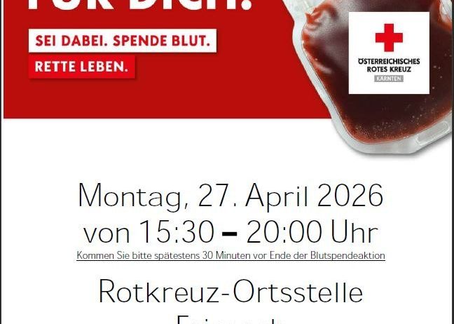 Ein Plakat für eine Blutspendeaktion am 27. April 2026 von 15:30 bis 20:00 Uhr am Rotkreuz-Ortsstelle Friesach, Neumarkter Str. 60. Das Plakat zeigt ein rotes Kreuz und eine Blutbeutel.