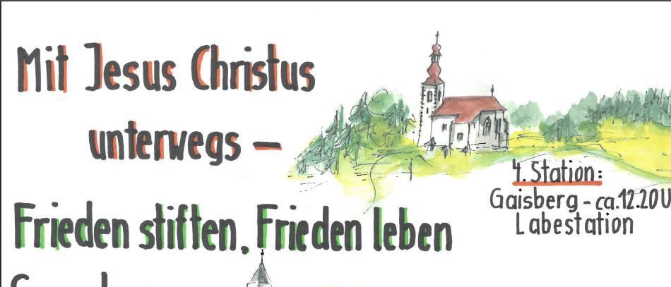 Eine Skizze einer Route mit Stationen 1 bis 5. Station 1 ist Stadtpfarrkirche mit einem Startzeitpunkt von 7:00 Uhr. Station 2 ist Grafendorf, etwa 8:00 Uhr. Station 3 ist Gaisberg, etwa 12:20 Uhr. Station 4 ist Labestation, etwa 13:10 Uhr. Station 5 ist St. Thomas, etwa 2:00 Uhr.