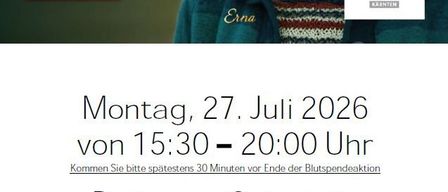 Eine Werbung für Blutspende mit einer älteren Frau, einschließlich Details zum Datum und Ort der Veranstaltung.