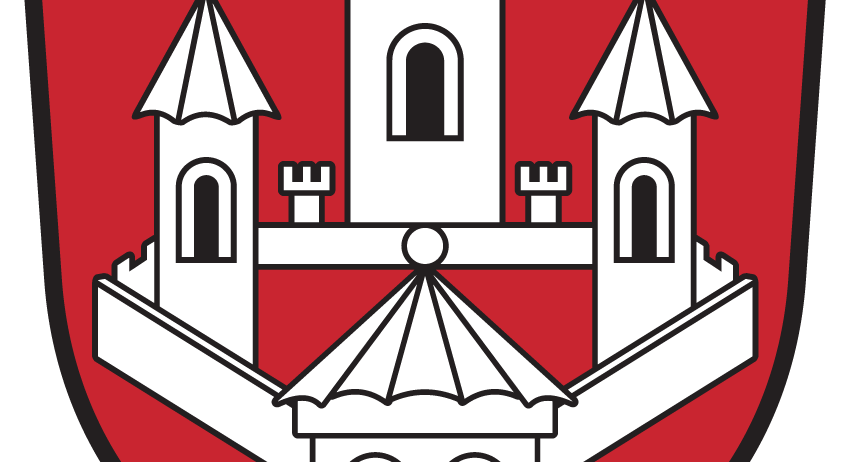 Ein Wappen mit einem zentralen Turm, flankiert von zwei kleineren Türmen, auf einem roten Schild mit schwarzem Rand.