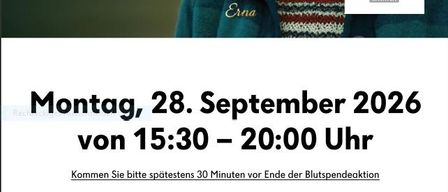 Ein Plakat mit einer älteren Frau mit Brille und einem grünen Pullover, das Menschen ermutigt, am 28. September 2026 von 15:30 bis 20:00 Uhr Blut beim Roten Kreuz in Friesach zu spenden.