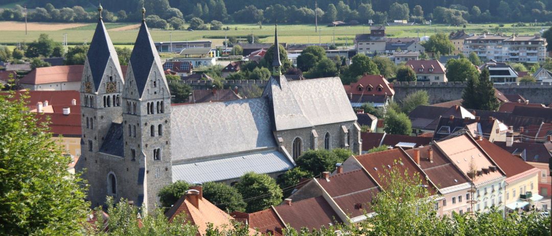 Luftaufnahme einer Kirche mit grauem Dach und zwei Türmen, umgeben von Häusern mit roten Dächern und üppiger Grünfläche.