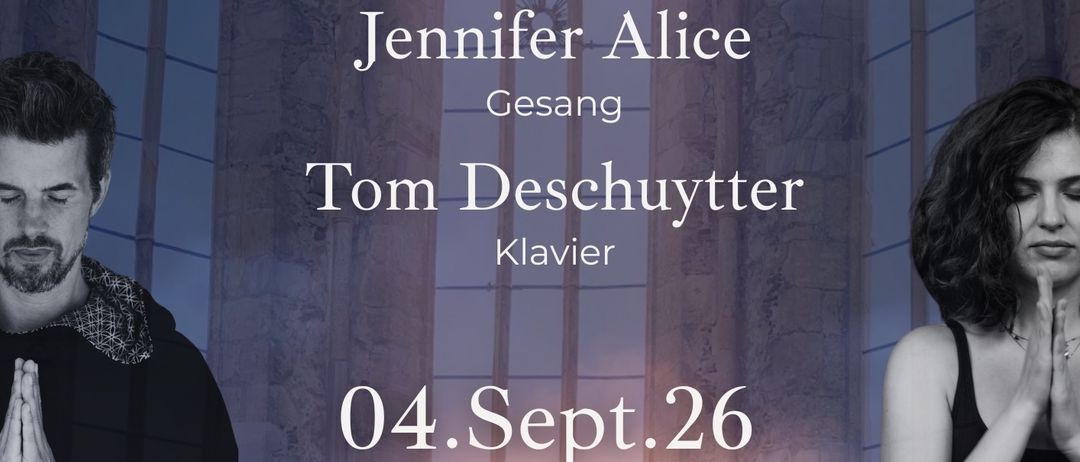 Ein Plakat für ein Konzert mit Jennifer Alice als Sängerin und Tom Deschuytter am Klavier, am 4. September 2026 von 18:00 bis 19:00 Uhr in Virgilienberg.