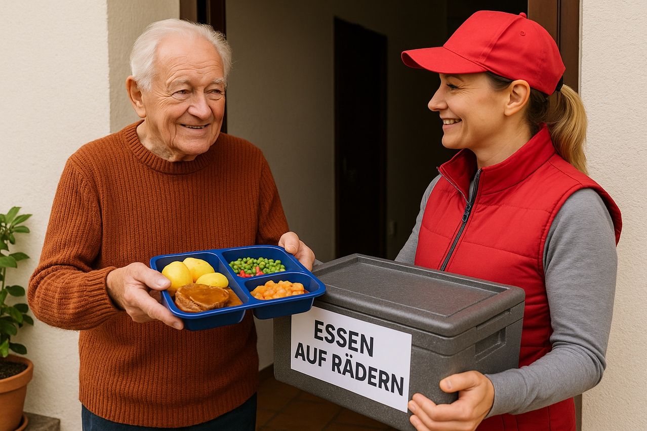 Ein älterer Mann erhält eine Mahlzeit von einer Frau in einer roten Kappe, vor einer Wand stehend.