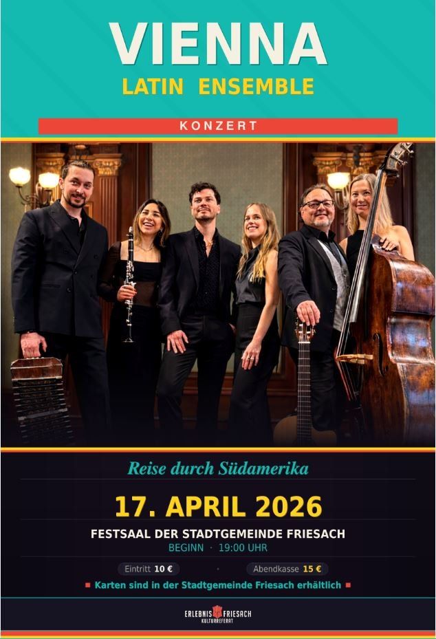 A poster for a Latin Ensemble concert. A group of musicians stand with instruments, a date, and a location. Ticket prices are listed.