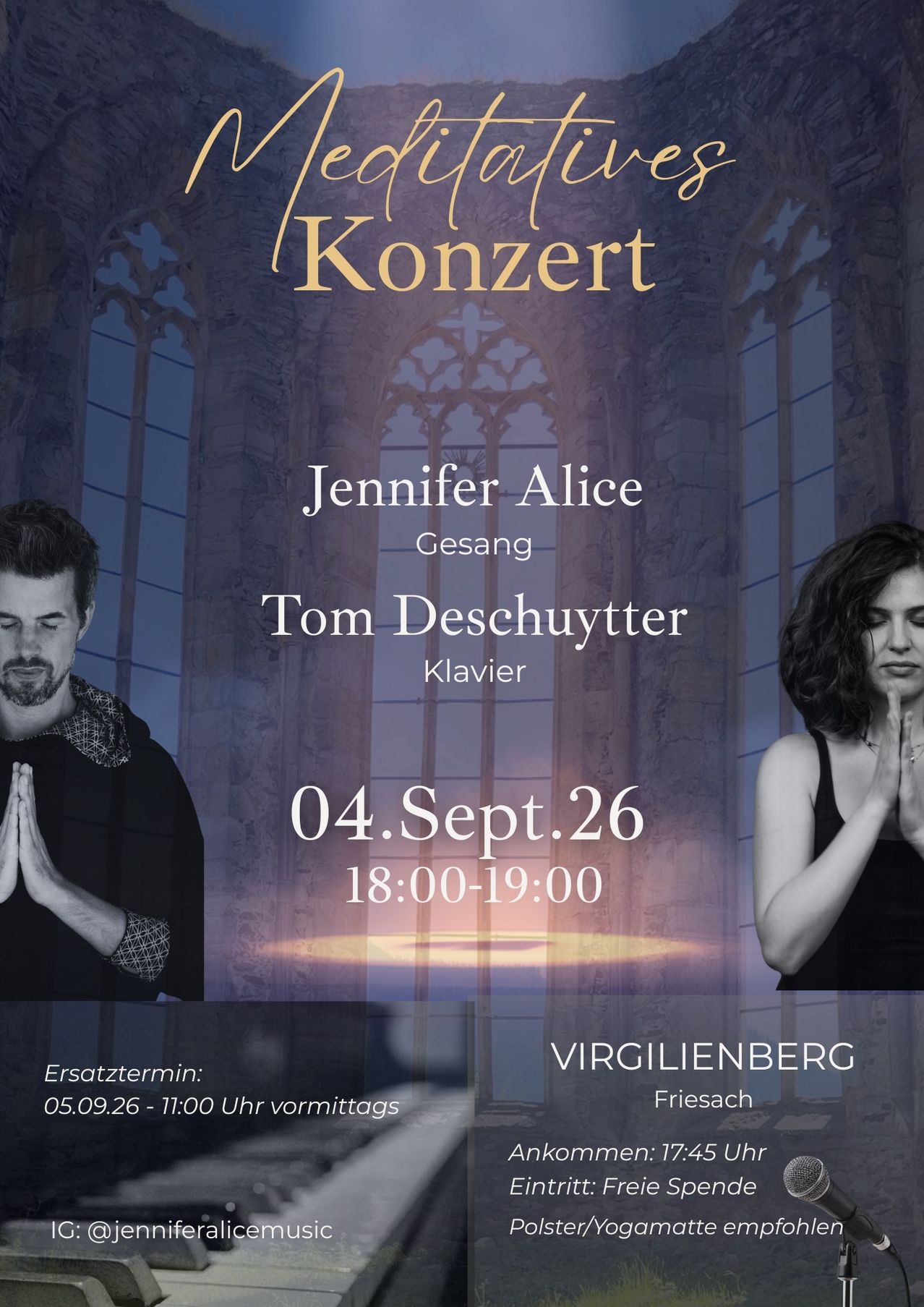 Ein Plakat für ein Konzert mit Jennifer Alice als Sängerin und Tom Deschuytter am Klavier, geplant für den 4. September 2026, von 18:00 bis 19:00 Uhr in Virgilienberg, Frieschach.