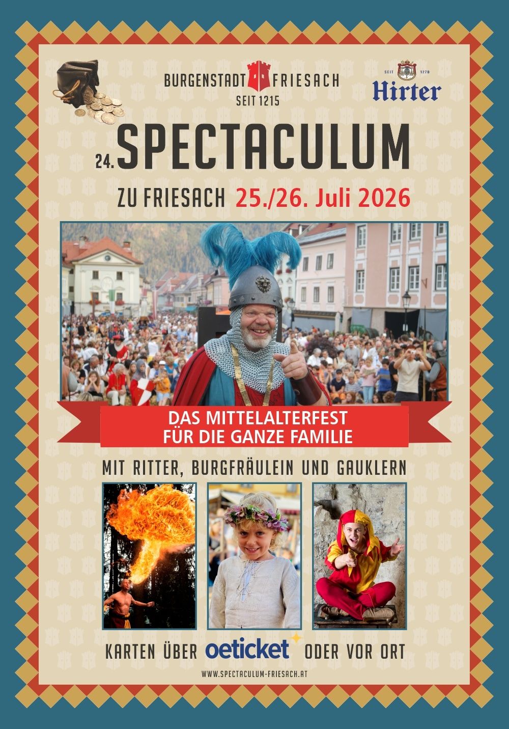 Mittelalterfest Spectaculum in Friesach, 25./26. Juli 2026. Mit Rittern, Gauklern und Feuerspuckern. Familienfreundliche Veranstaltung mit verschiedenen Aufführungen.